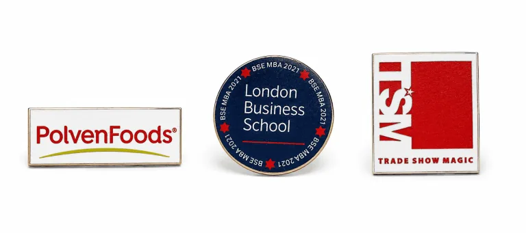 Kiirtellimusel UV-trükiga rinnamärgid: Polven Foods, London Business School, Trade Show Magic